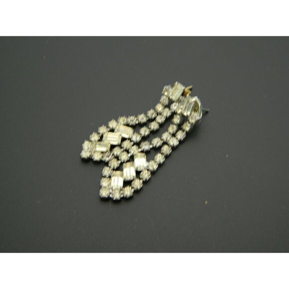 Clear Rhinestone Dangle Silver Tone Post Earrings Vintage 1980's - Picture 3 of 4